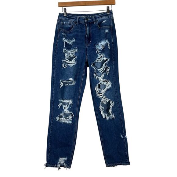 American Eagle Mom Jeans Womens 2 Medium Wash Distressed Straight Leg Streetwear - Picture 1 of 8